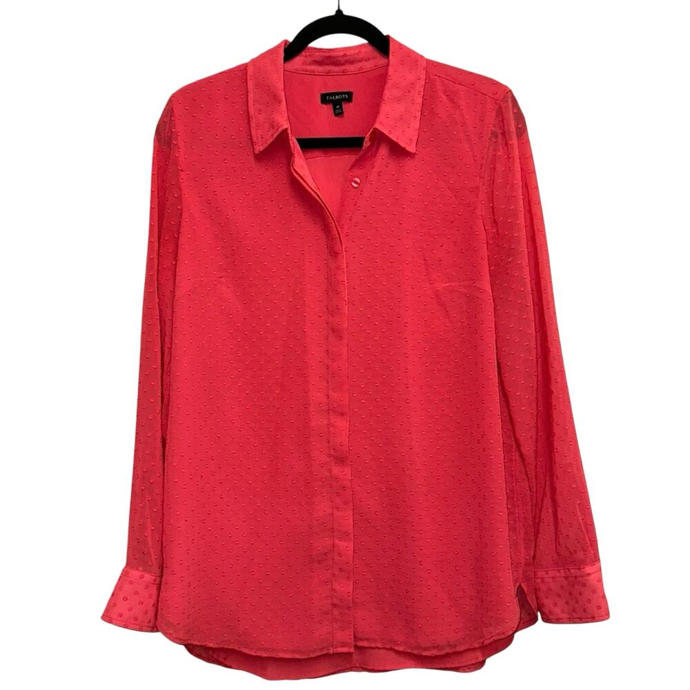 Talbots Pink Swiss Dot Button Front Blouse Long Sleeve Collared Top Medium‎